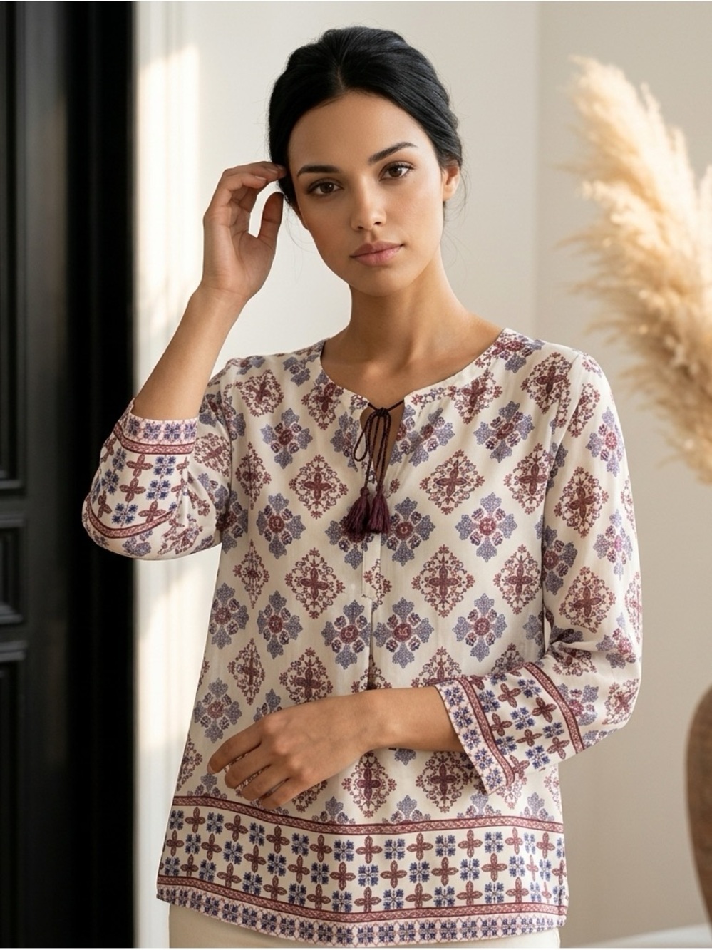 Lucky Brand White Floral Print Long Sleeve Blouse